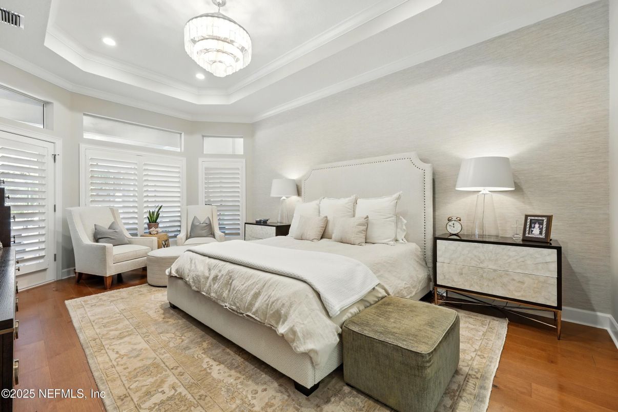 Bedroom, Chandelier, Interior, Recessed Lighting, Wood Texture Flooring