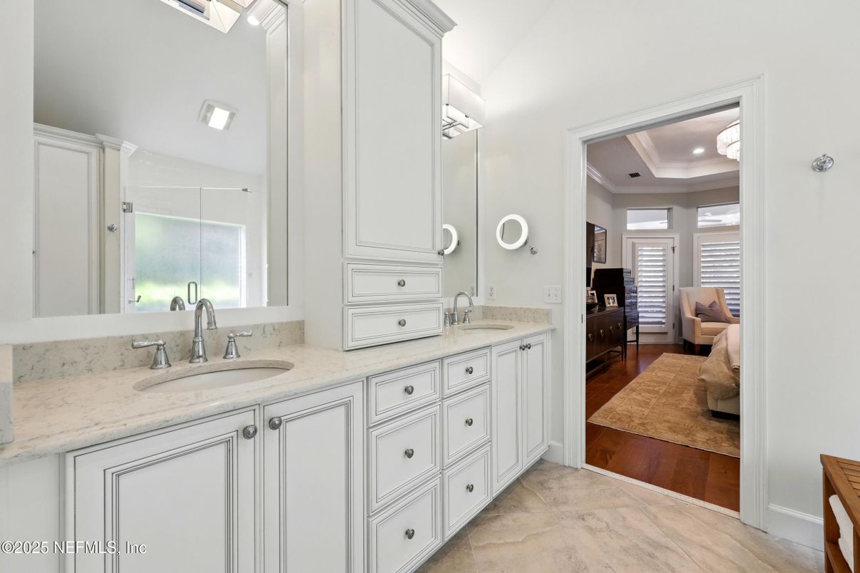 Bathroom, Dual Sink Vanities, Interior, Recessed Lighting, Wood Texture Flooring