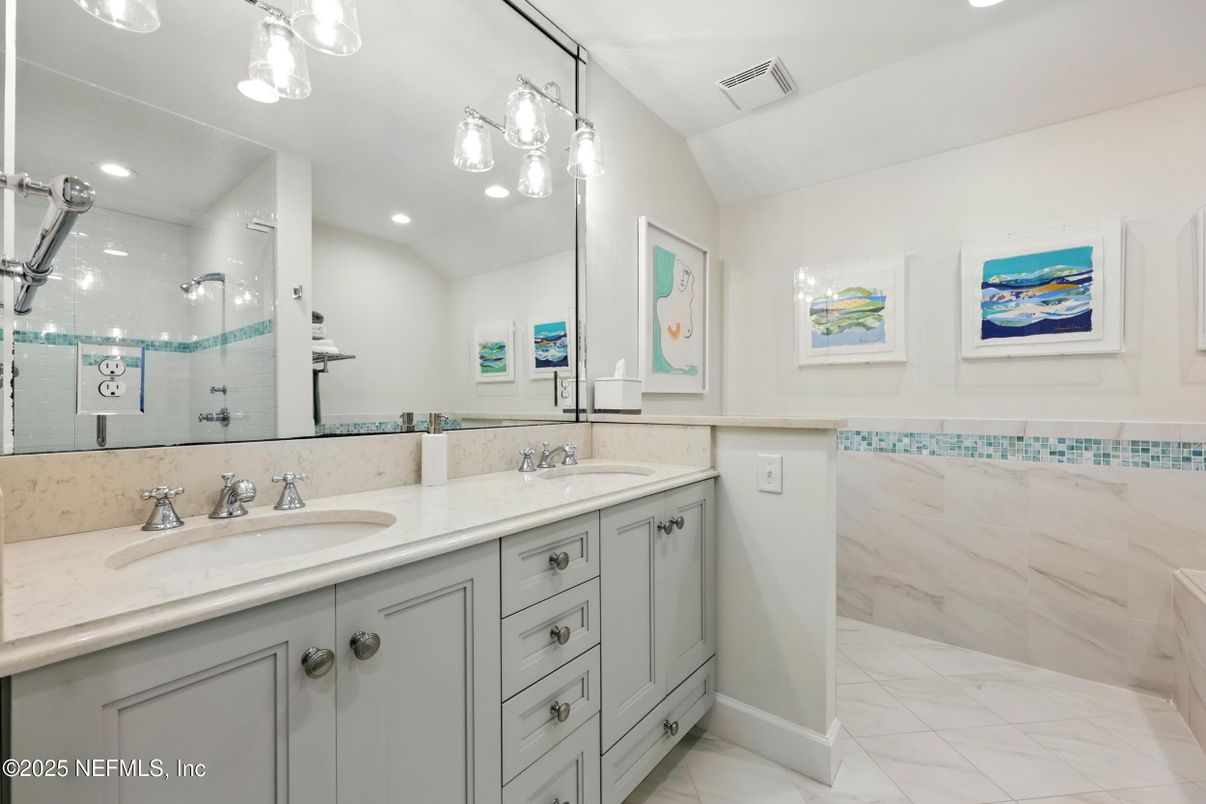 Bathroom, Dual Sink Vanities, Interior, Marble, Recessed Lighting