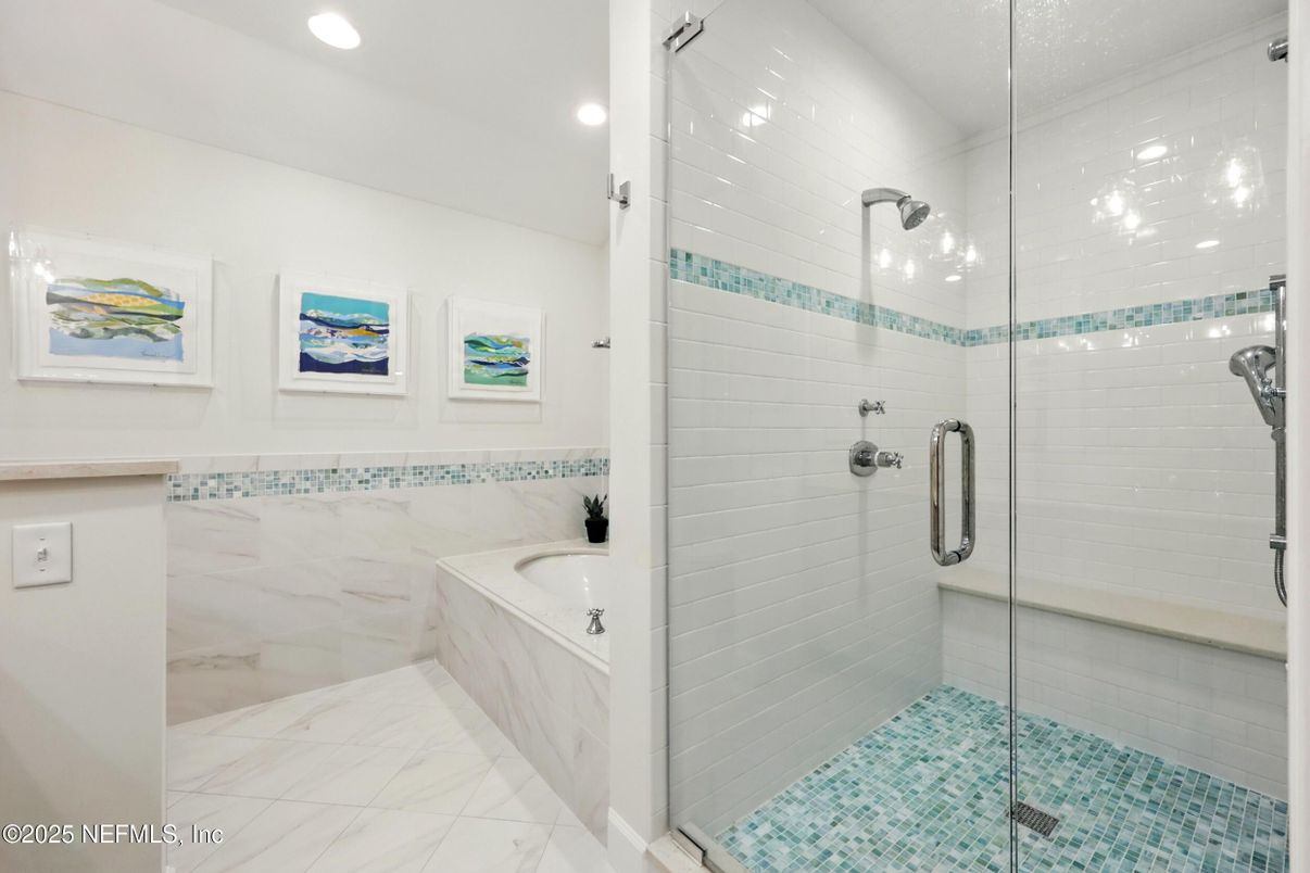 Bathroom, Glass Shower, Interior, Marble, Recessed Lighting