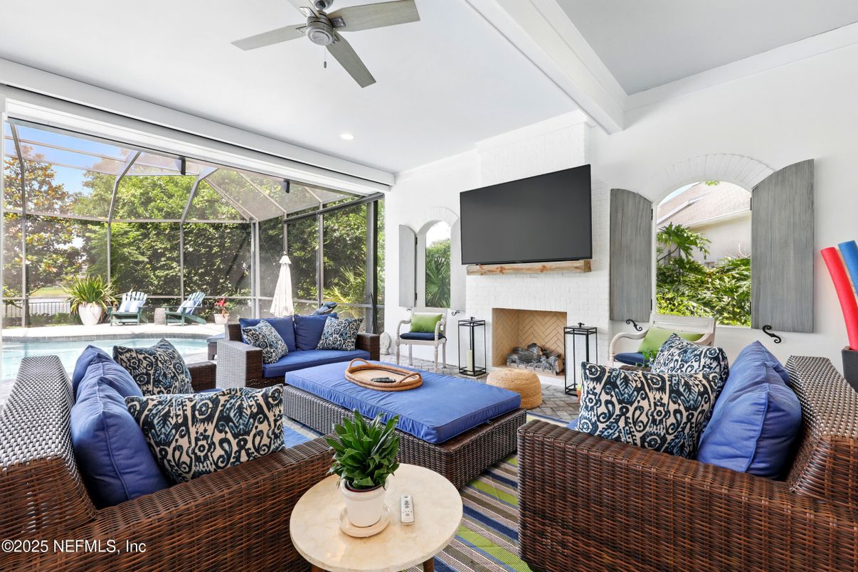 Fireplace, Interior, Living room, Pool, Recessed Lighting, Sun Room