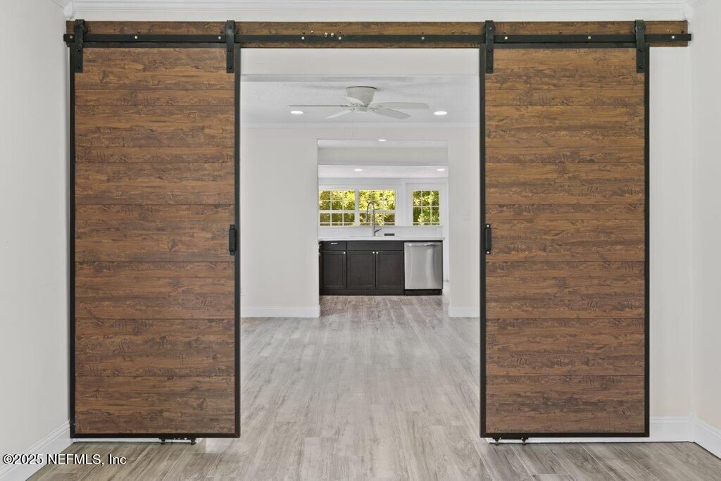 Interior, Kitchen, Recessed Lighting, Wood Texture Flooring, Wooden Walls