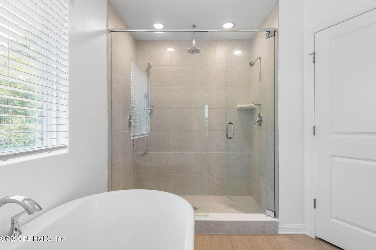 Bathroom, Free Standing Baths, Glass Shower, Interior, Recessed Lighting