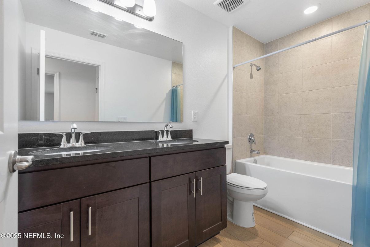 Bathroom, Dual Sink Vanities, Interior, Recessed Lighting, Wood Texture Flooring