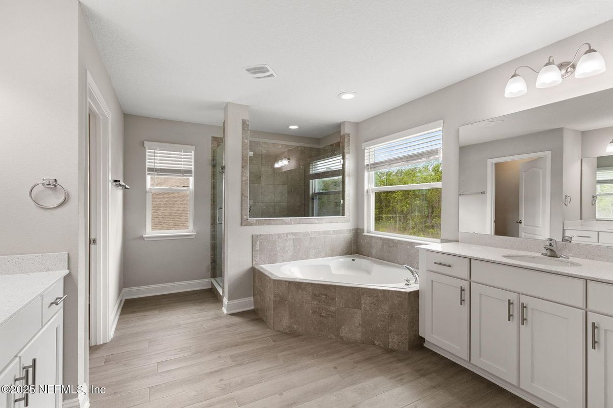 Bathroom, Dual Sink Vanities, Interior, Recessed Lighting, Wood Texture Flooring