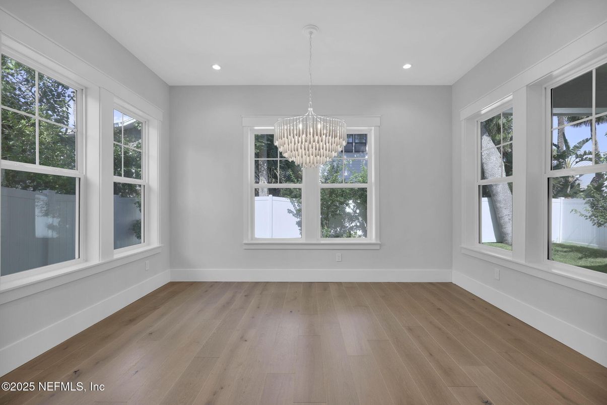 Chandelier, Empty room, Interior, Recessed Lighting, Wood Texture Flooring