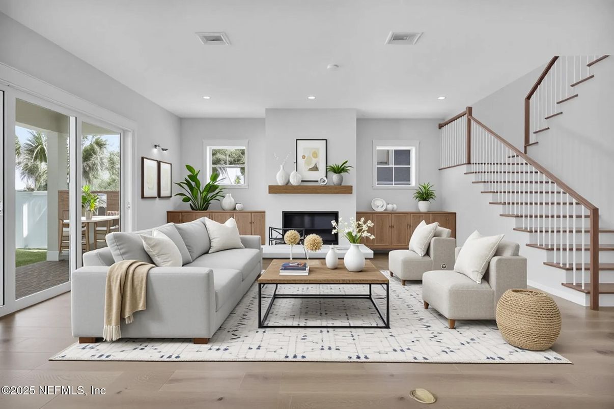 Fireplace, Interior, Living room, Recessed Lighting, Wood Texture Flooring