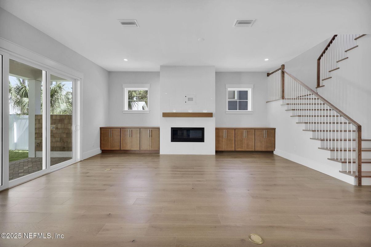 Empty room, Fireplace, Interior, Recessed Lighting, Wood Texture Flooring