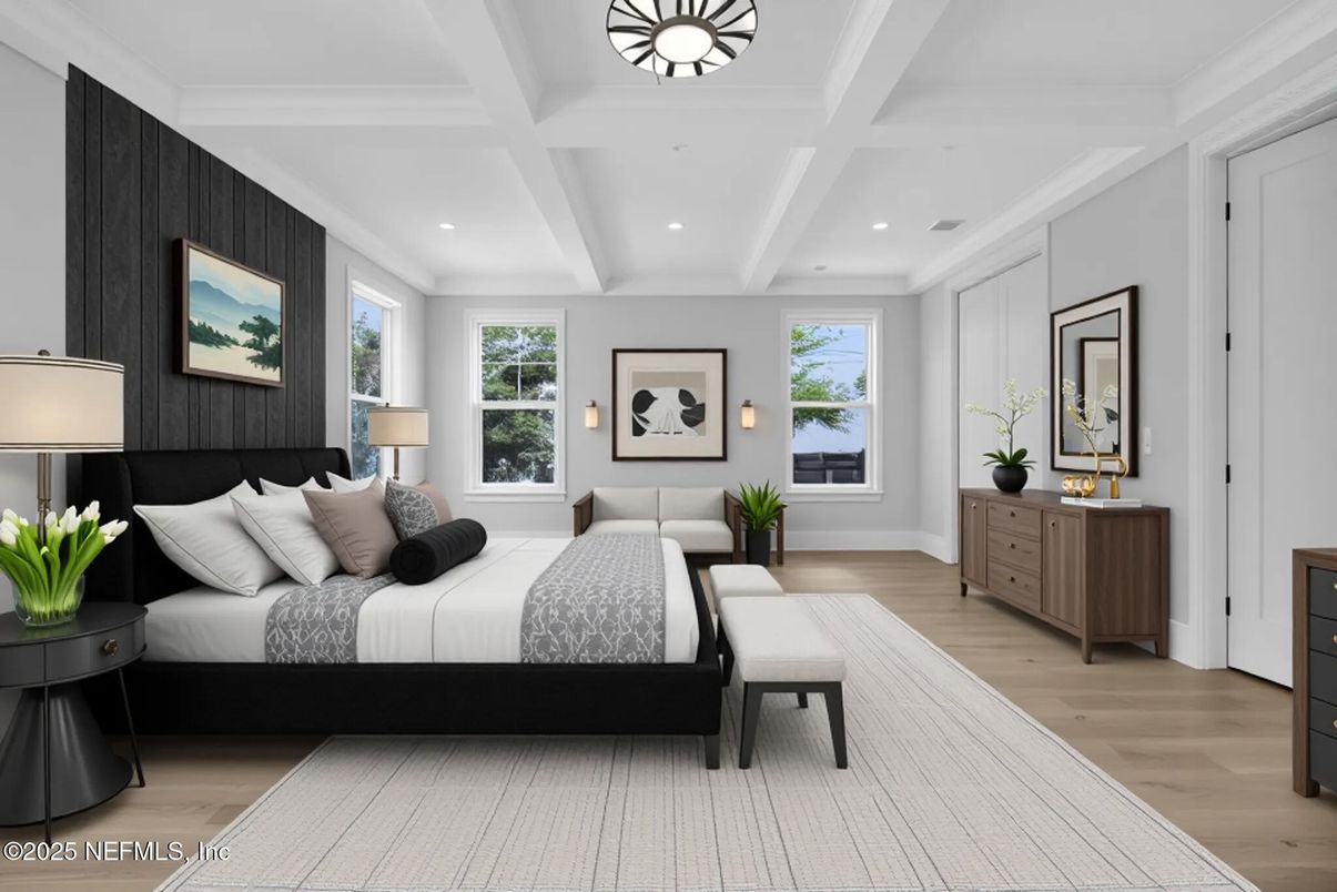 Bedroom, Interior, Recessed Lighting, Wood Texture Flooring