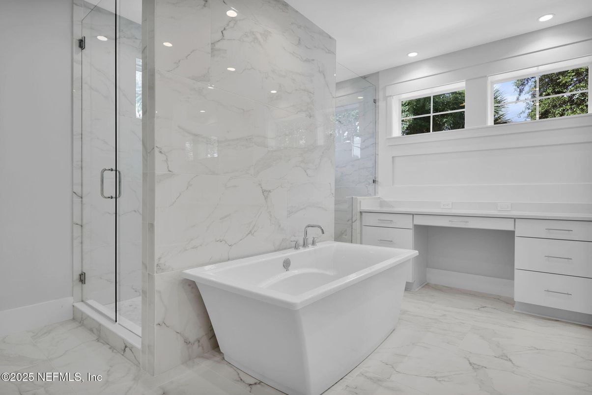 Bathroom, Free Standing Baths, Glass Shower, Interior, Marble, Marble Walls, Recessed Lighting