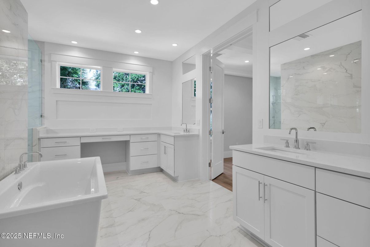 Bathroom, Dual Sink Vanities, Interior, Marble, Marble Walls, Recessed Lighting