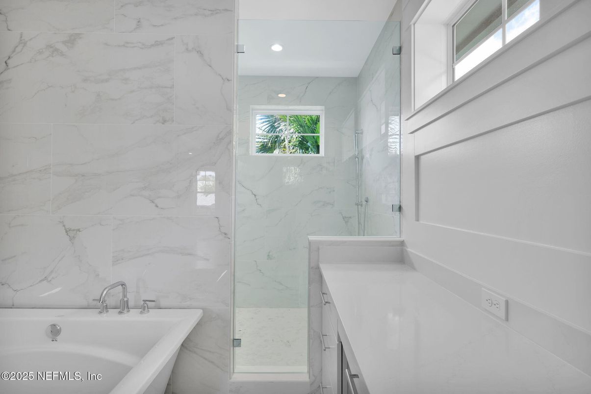 Bathroom, Glass Shower, Interior, Marble Walls, Recessed Lighting
