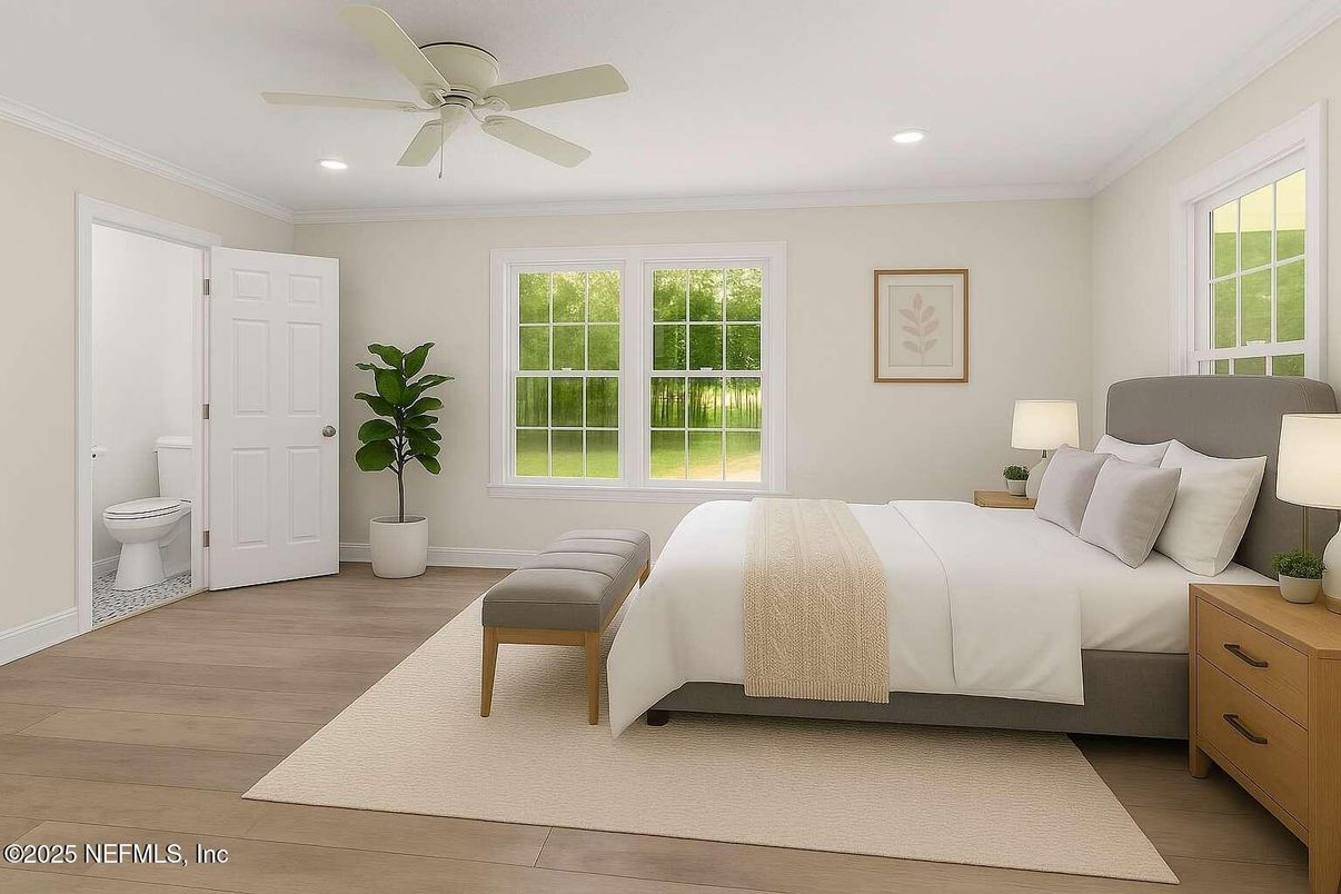 Bedroom, Interior, Recessed Lighting, Wood Texture Flooring