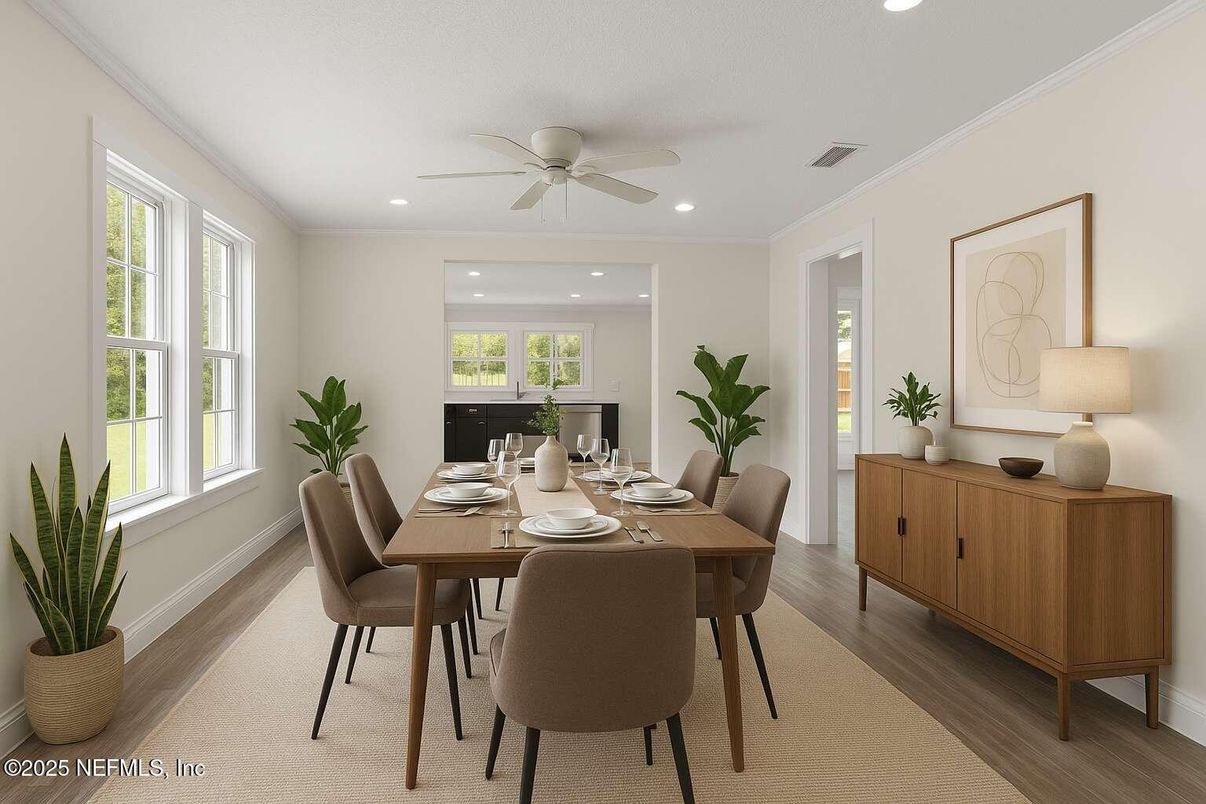 Dining room, Interior, Recessed Lighting, Wood Texture Flooring