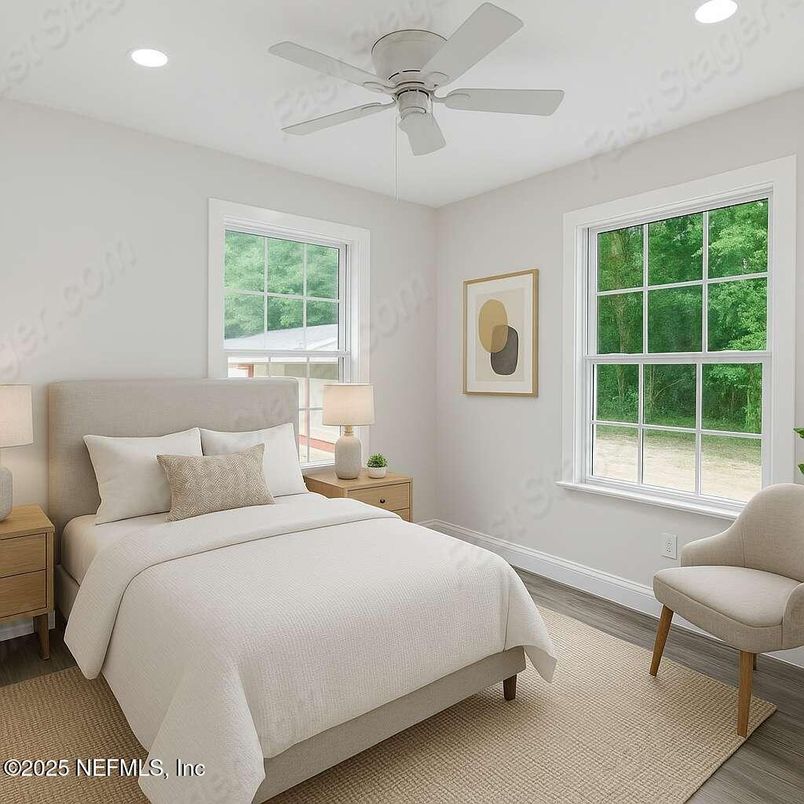Bedroom, Interior, Recessed Lighting, Wood Texture Flooring
