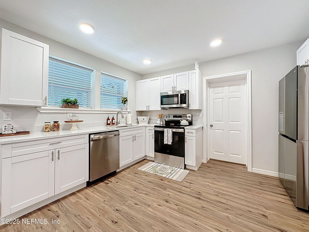 Interior, Kitchen, Recessed Lighting, Stainless Steel Appliances, Wood Texture Flooring
