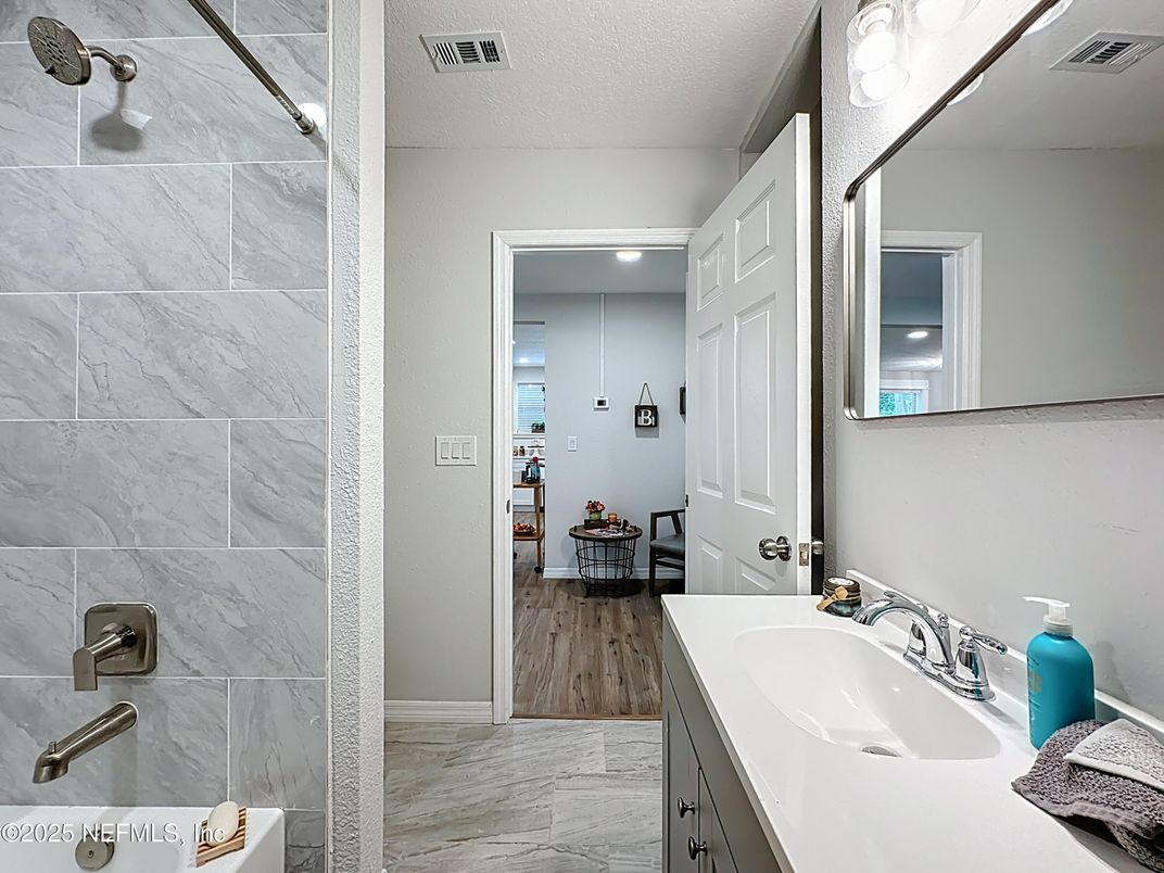 Bathroom, Interior, Marble, Recessed Lighting, Wood Texture Flooring