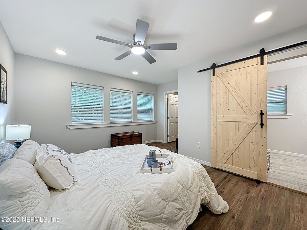 Bedroom, Interior, Recessed Lighting, Wood Texture Flooring