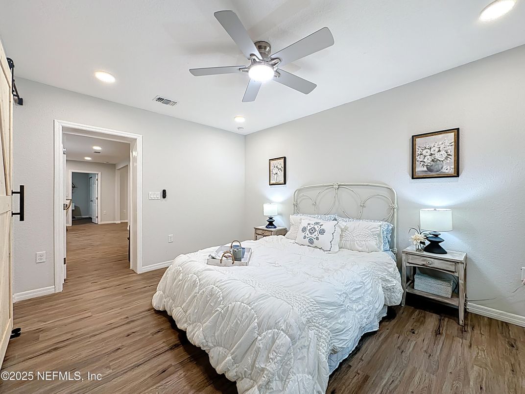Bedroom, Interior, Recessed Lighting, Wood Texture Flooring