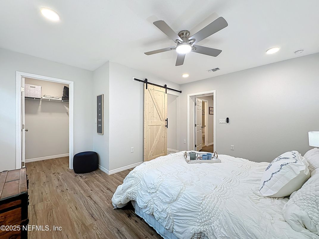 Bedroom, Interior, Recessed Lighting, Wood Texture Flooring