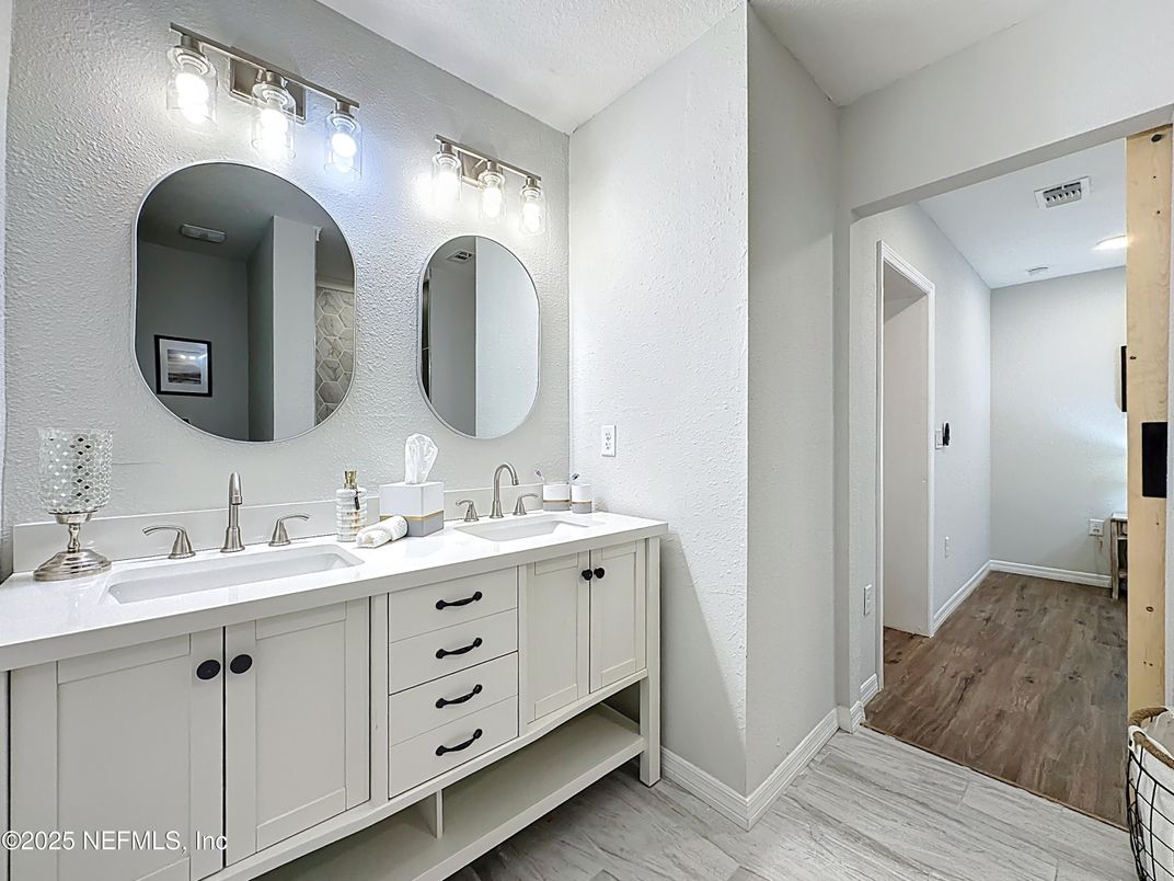 Bathroom, Dual Sink Vanities, Interior, Recessed Lighting, Wood Texture Flooring