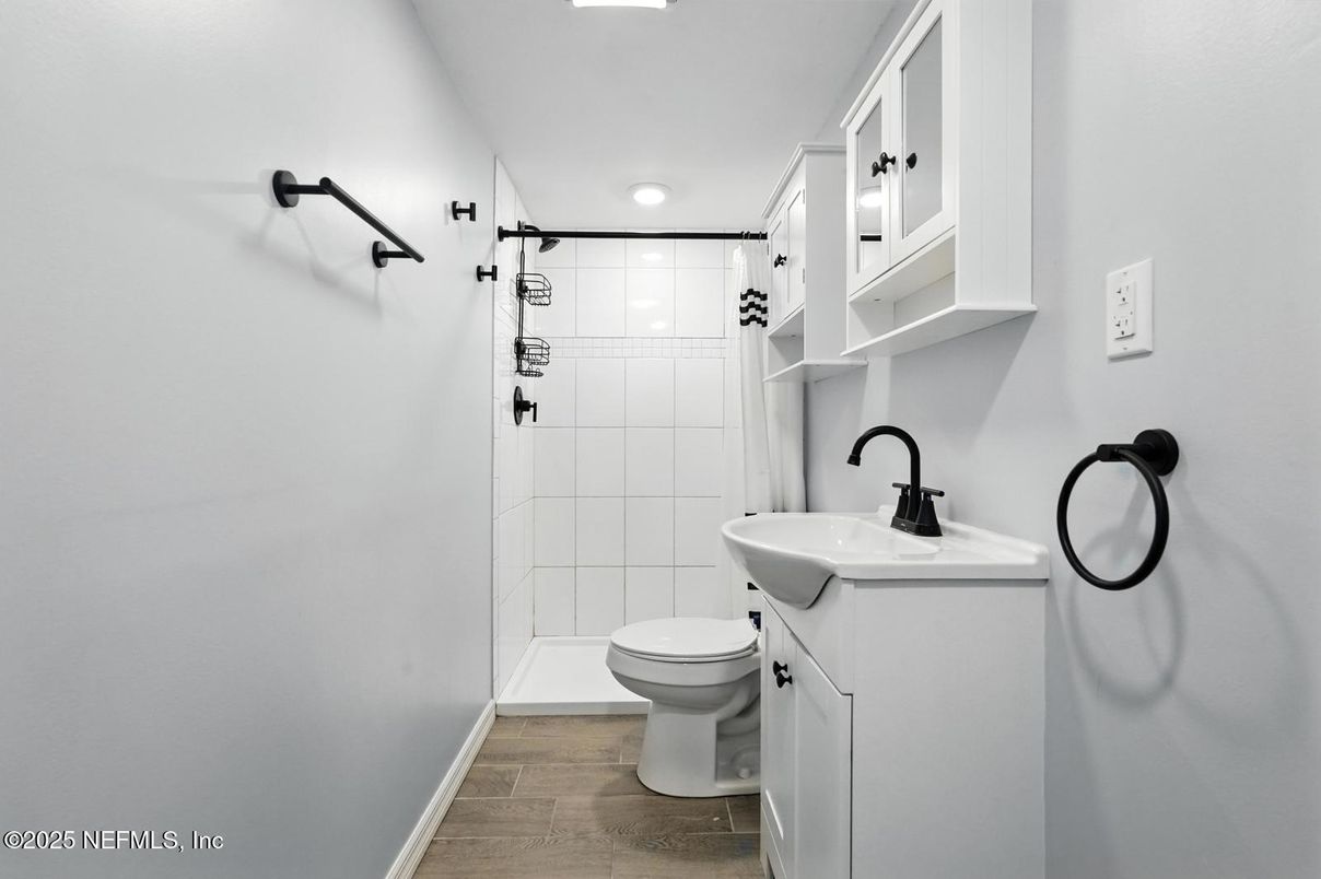 Bathroom, Glass Shower, Interior, Recessed Lighting, Wood Texture Flooring