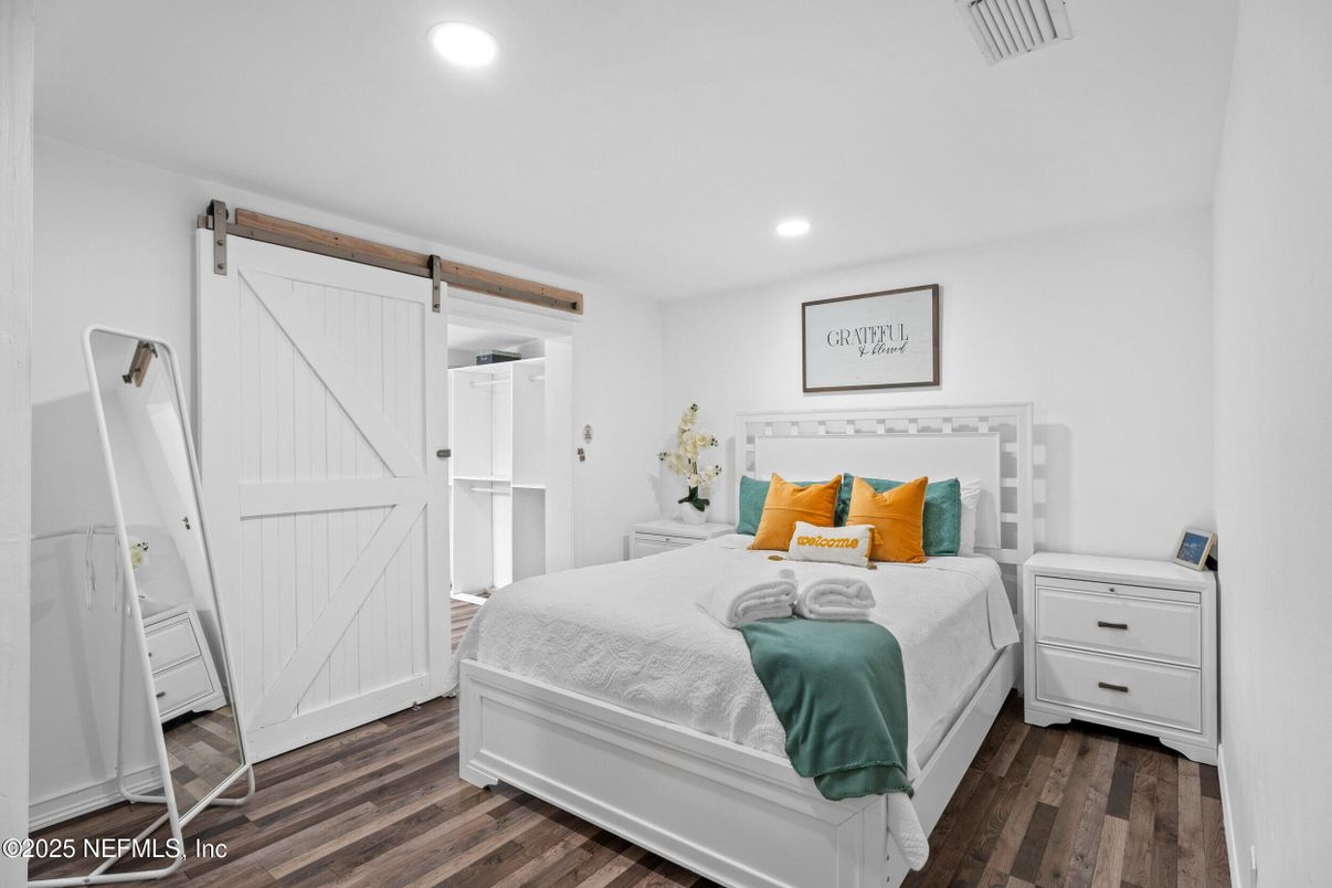 Bedroom, Interior, Recessed Lighting, Wood Texture Flooring