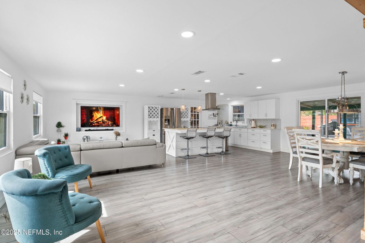 Dining room, Fireplace, Interior, Kitchen, Living room, Pendant Lights, Recessed Lighting, Wood Texture Flooring
