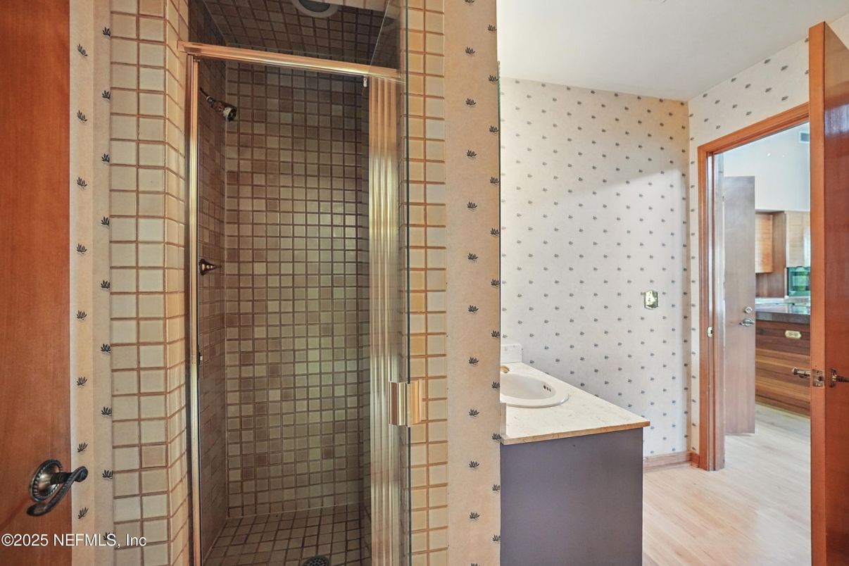 Bathroom, Glass Shower, Interior, Wood Texture Flooring