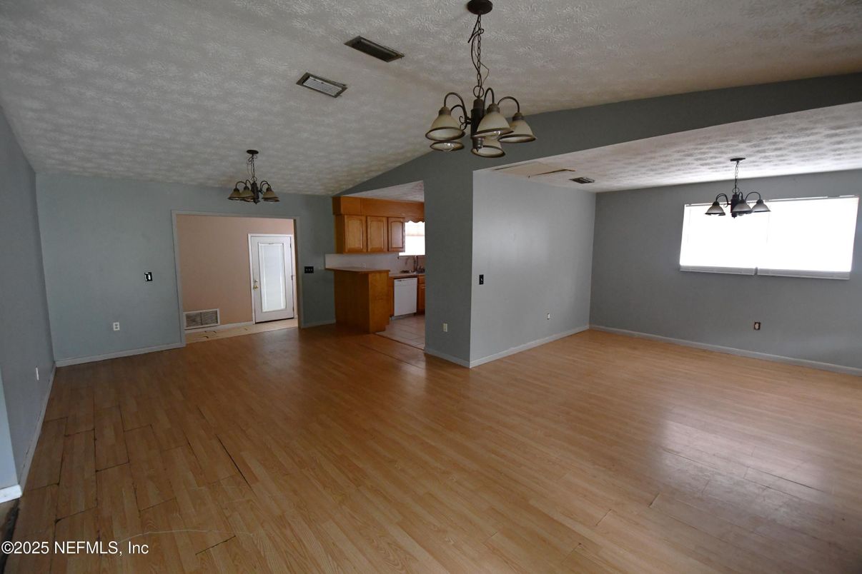 Chandelier, Empty room, Interior, Kitchen, Wood Texture Flooring