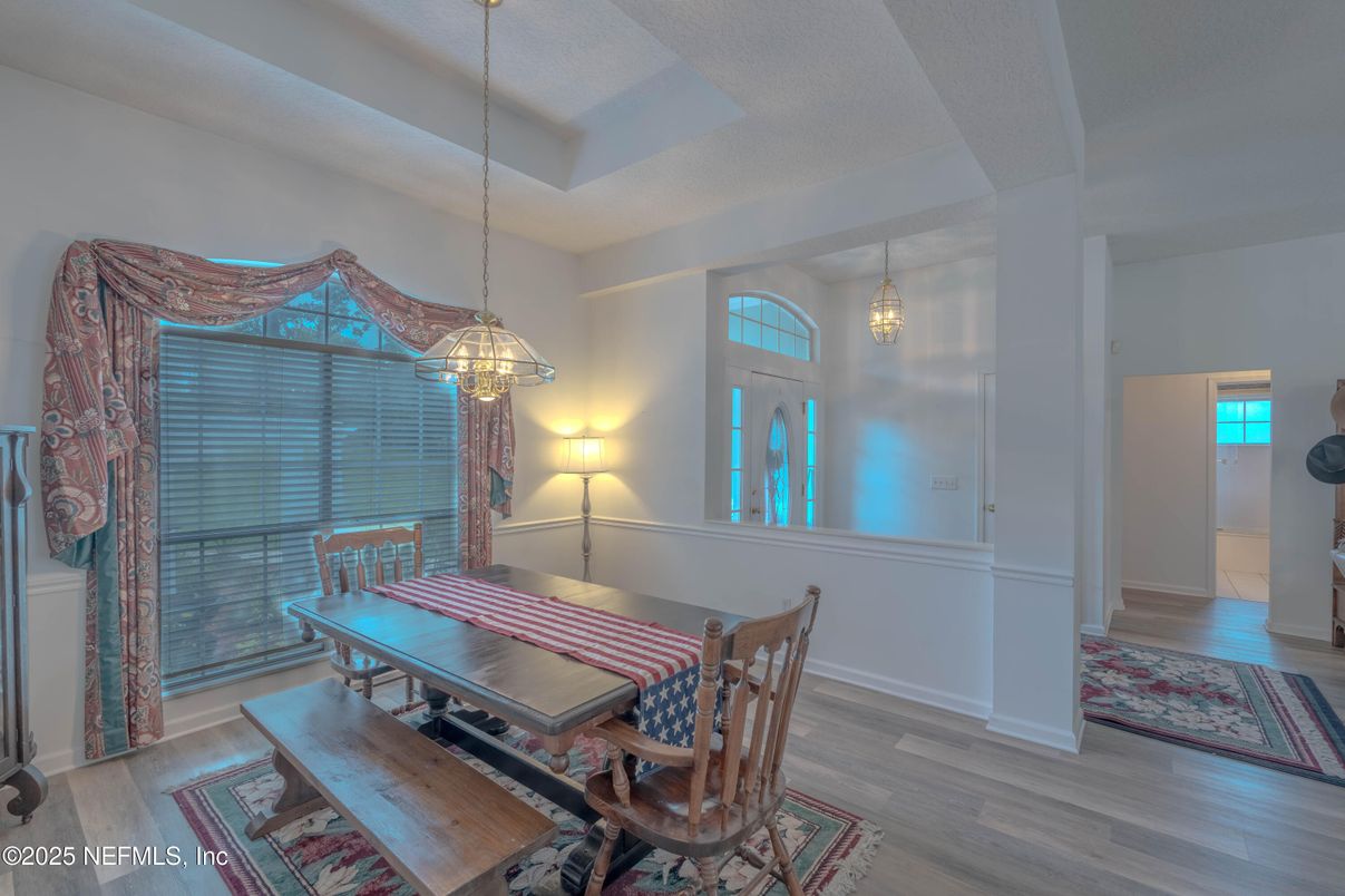 Dining room, Interior, Pendant Lights, Wood Texture Flooring