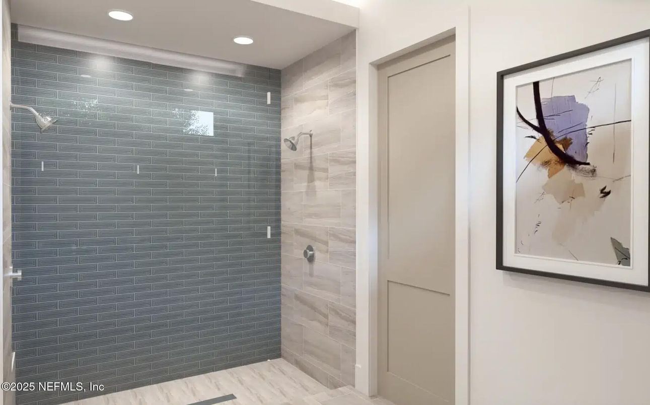 Bathroom, Glass Shower, Interior, Recessed Lighting, Wood Texture Flooring