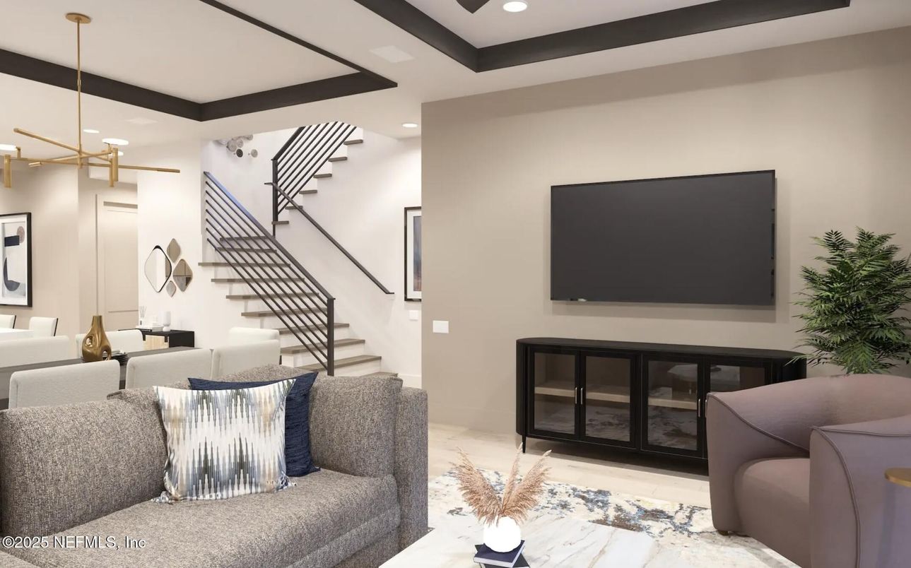 Interior, Living room, Pendant Lights, Recessed Lighting, Wood Texture Flooring