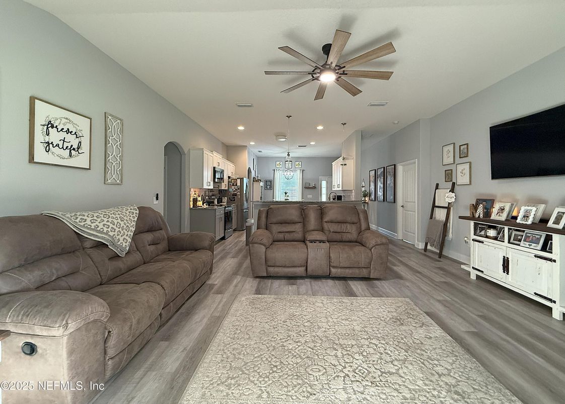 Interior, Kitchen, Living room, Pendant Lights, Recessed Lighting, Stainless Steel Appliances, Wood Texture Flooring