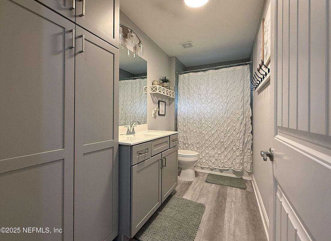 Bathroom, Interior, Recessed Lighting, Wood Texture Flooring