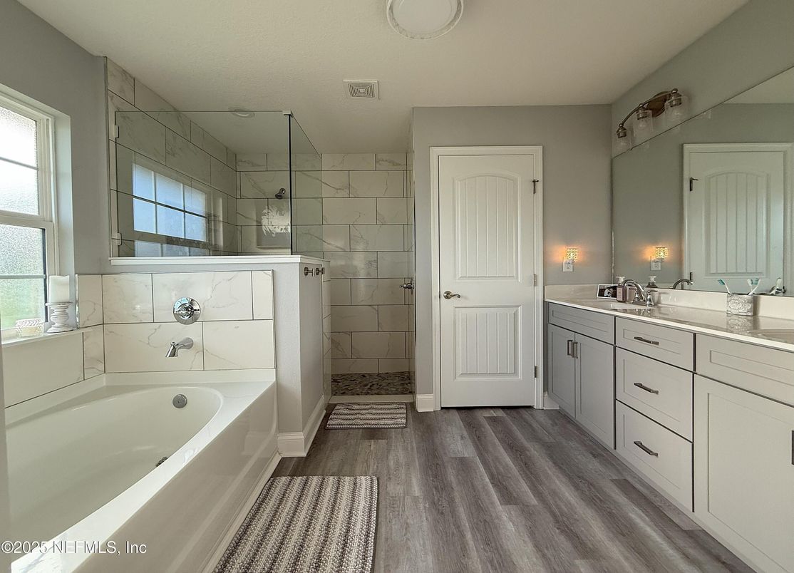 Bathroom, Dual Sink Vanities, Glass Shower, Interior, Wood Texture Flooring