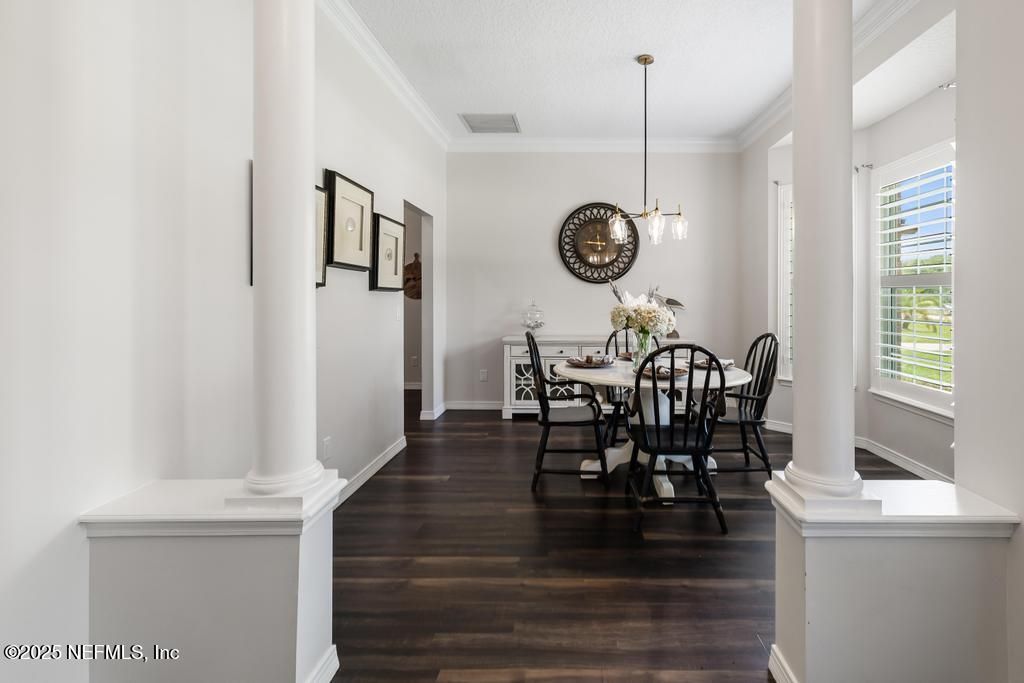 Dining room, Interior, Pendant Lights, Wood Texture Flooring
