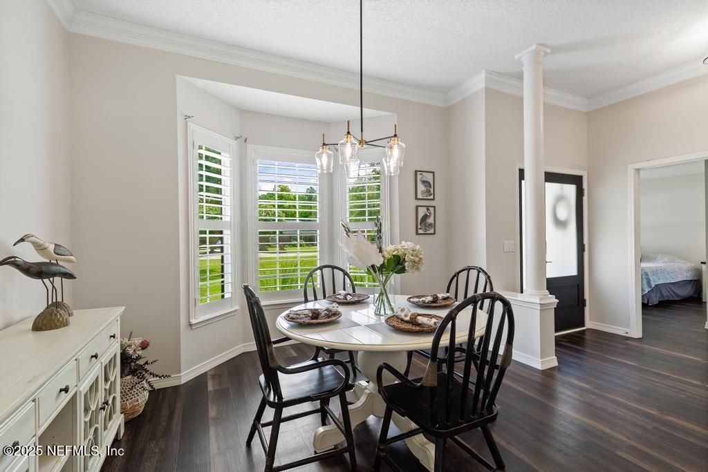 Bedroom, Dining room, Interior, Pendant Lights, Wood Texture Flooring