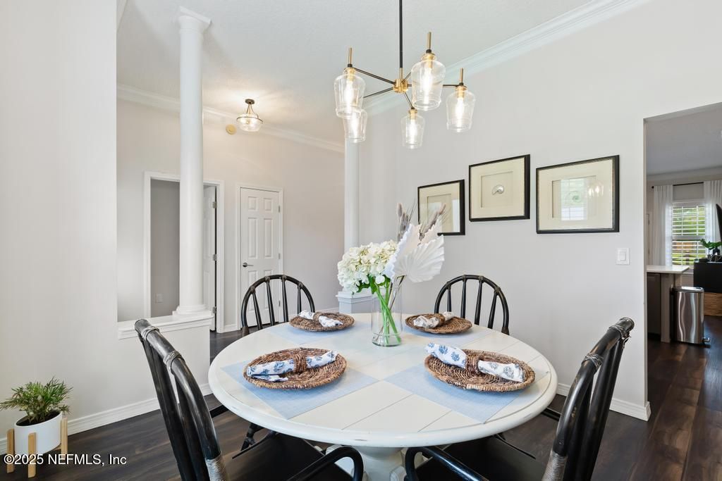 Dining room, Interior, Pendant Lights, Wood Texture Flooring