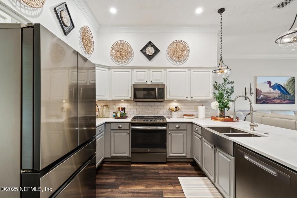 Interior, Kitchen, Pendant Lights, Recessed Lighting, Stainless Steel Appliances, Wood Texture Flooring