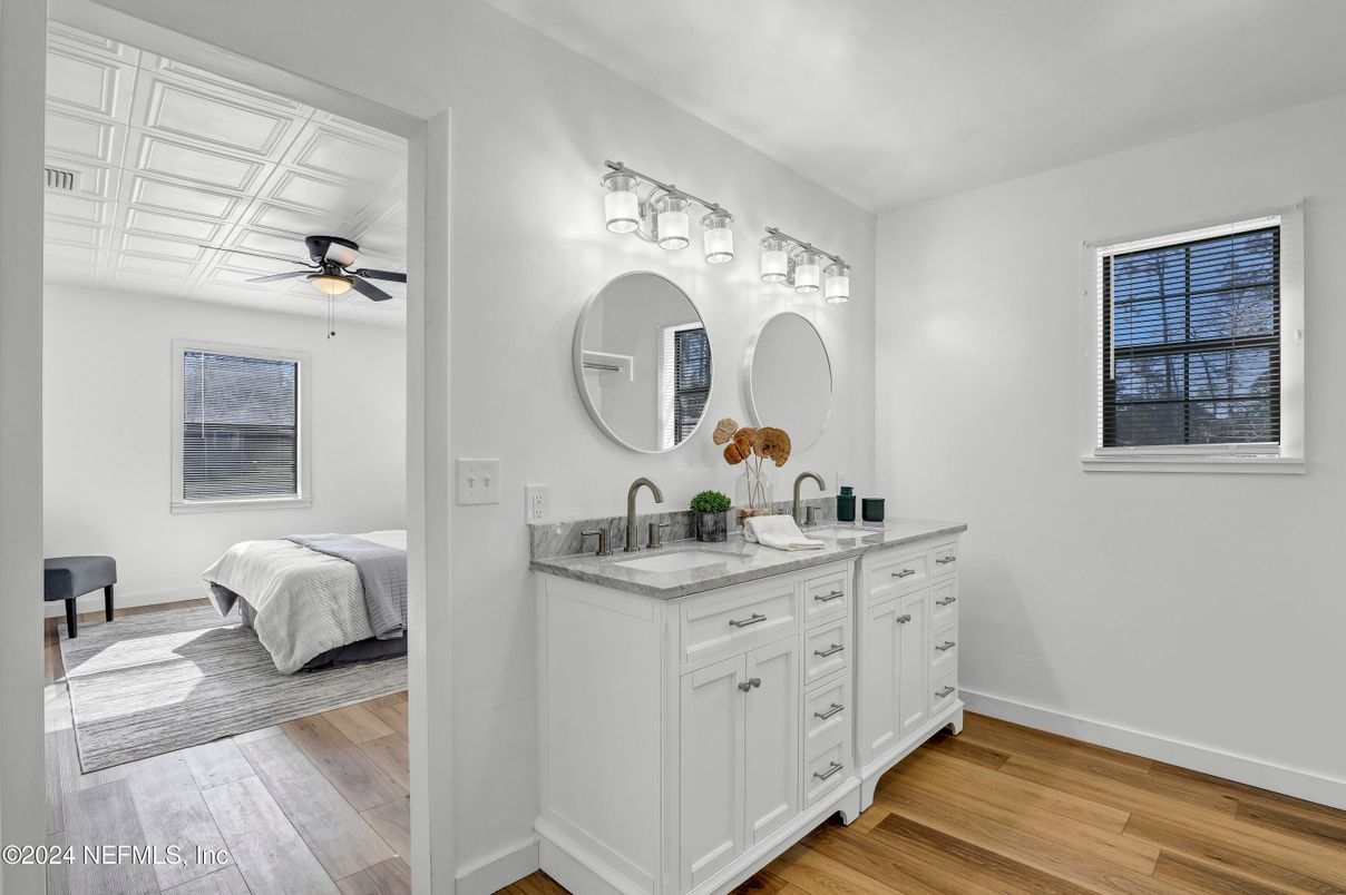 Bathroom, Bedroom, Dual Sink Vanities, Interior, Wood Texture Flooring
