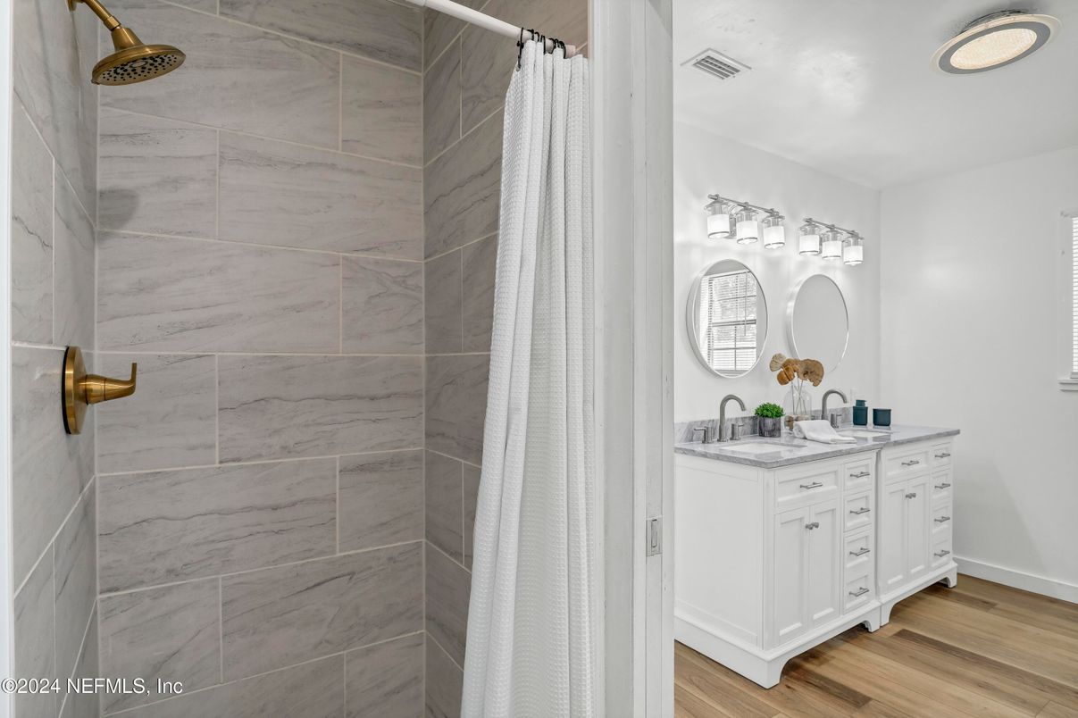 Bathroom, Interior, Marble Walls, Wood Texture Flooring