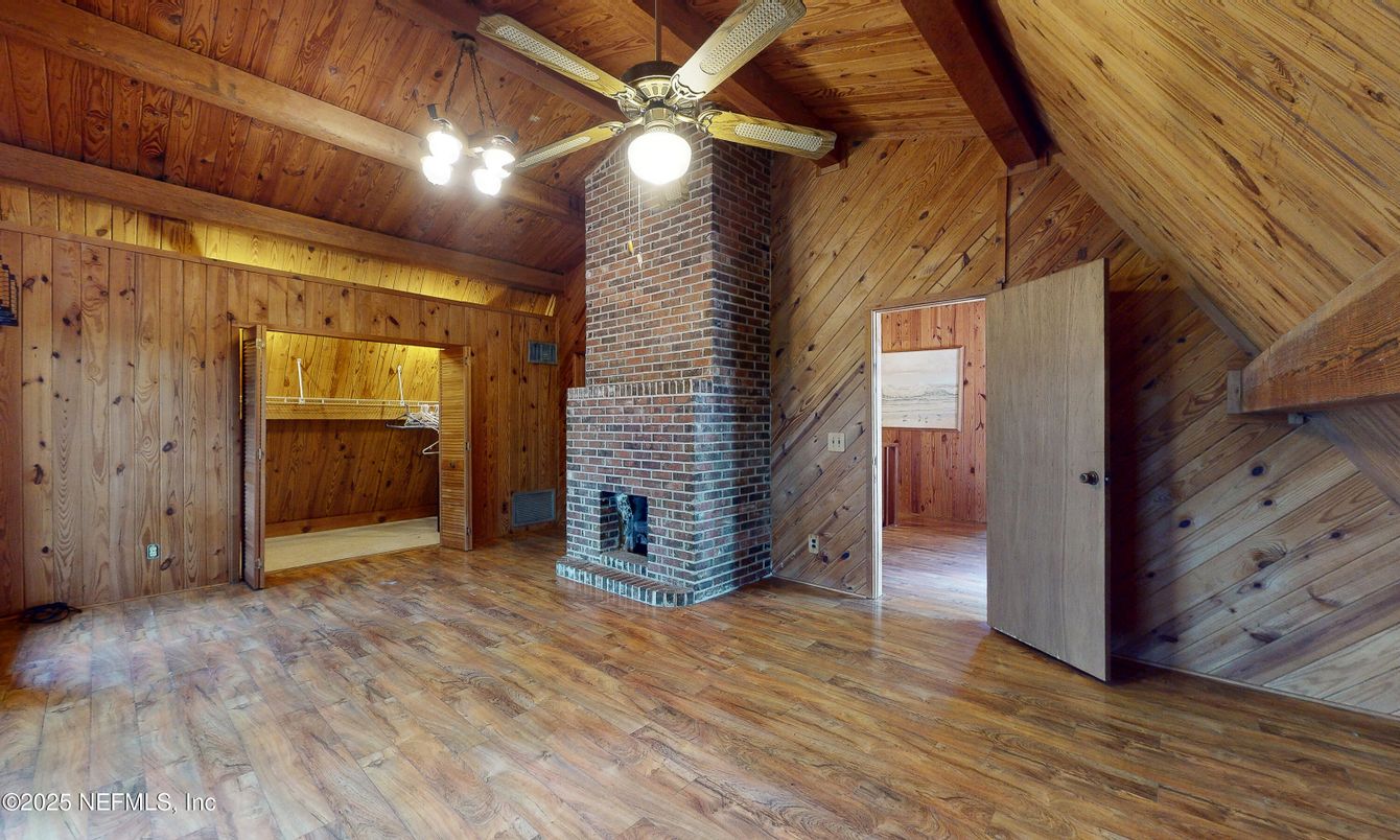 Empty room, Fireplace, Interior, Wooden Beams, Wooden Ceilings, Wood Texture Flooring, Wooden Walls