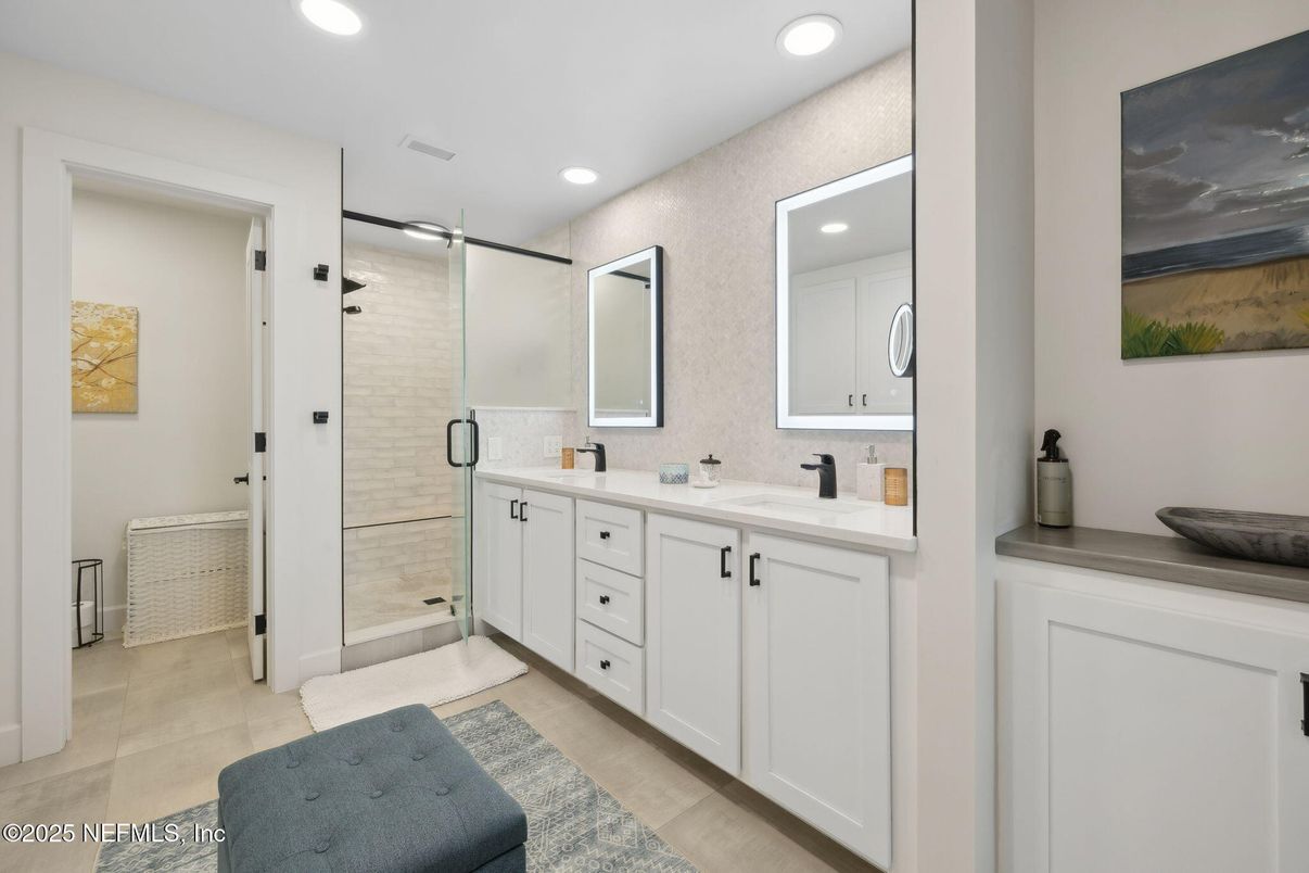 Bathroom, Dual Sink Vanities, Glass Shower, Interior, Recessed Lighting