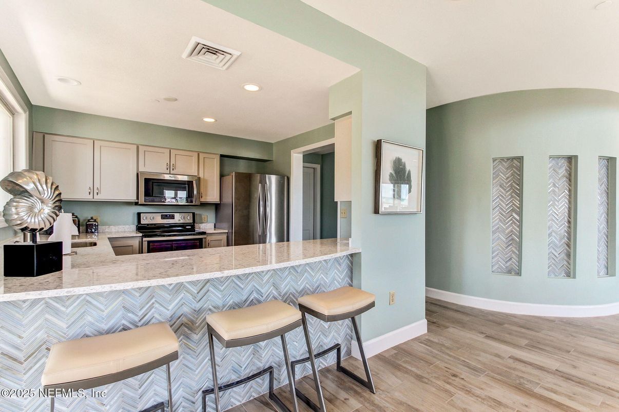 Interior, Kitchen, Recessed Lighting, Stainless Steel Appliances, Wood Texture Flooring