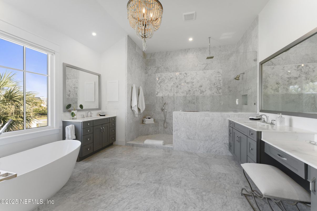 Bathroom, Chandelier, Dual Sink Vanities, Free Standing Baths, Interior, Marble, Marble Walls, Recessed Lighting