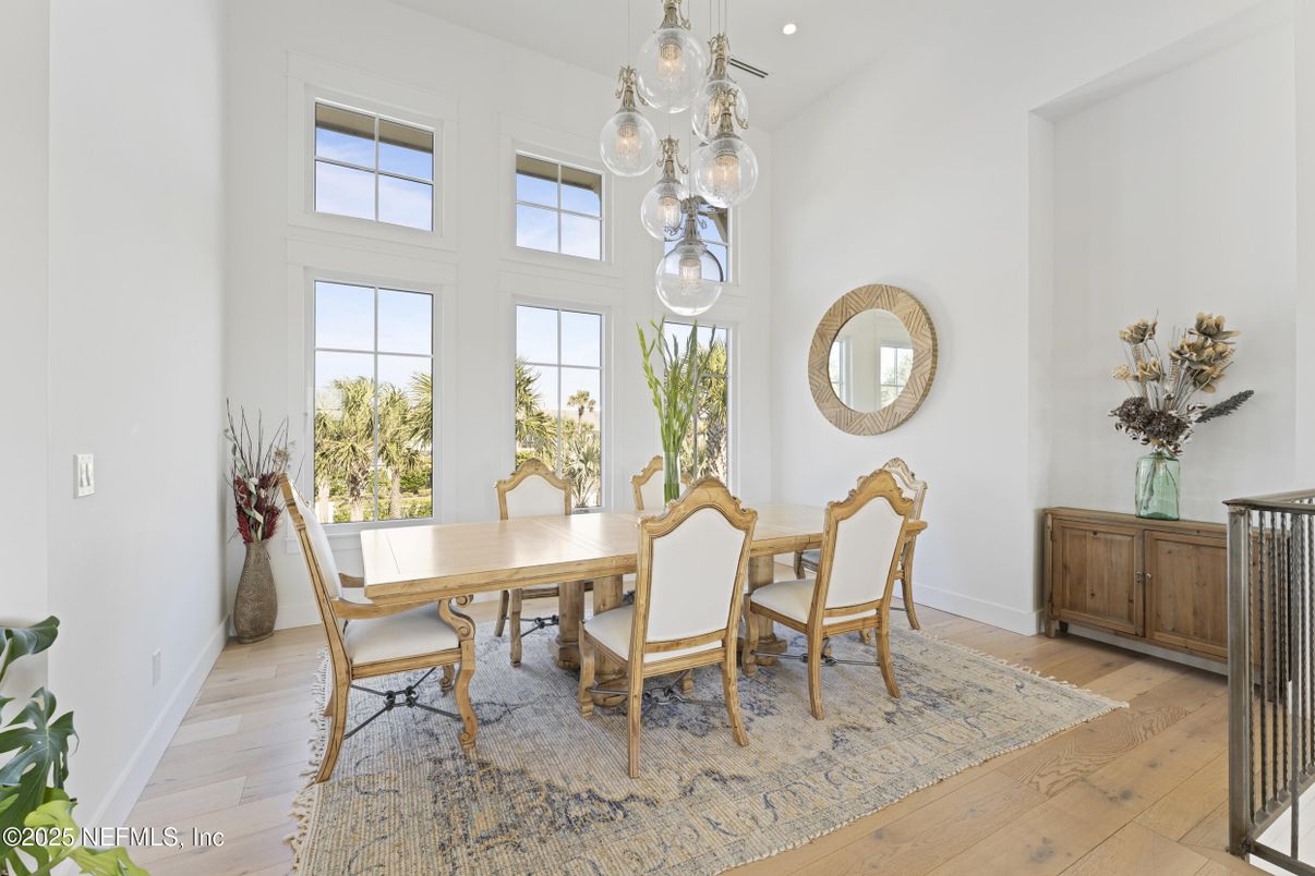 Dining room, Interior, Pendant Lights, Recessed Lighting, Wood Texture Flooring