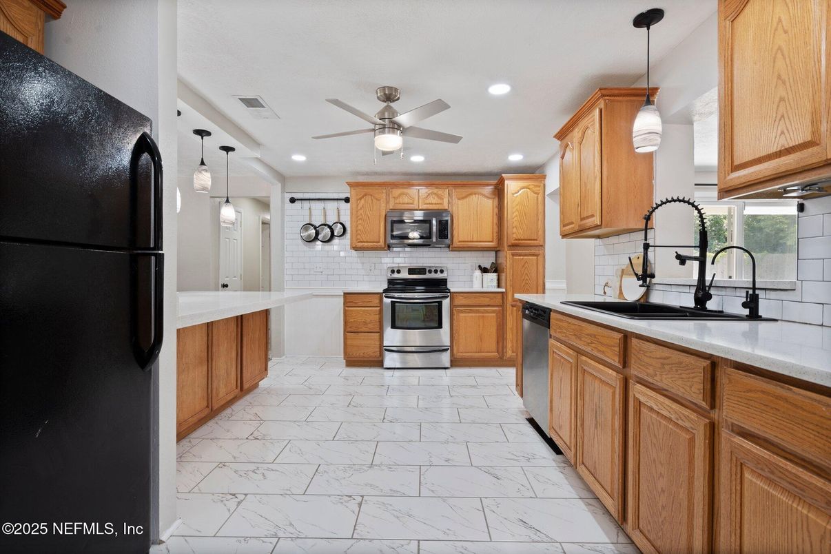 Interior, Kitchen, Marble, Pendant Lights, Recessed Lighting, Stainless Steel Appliances