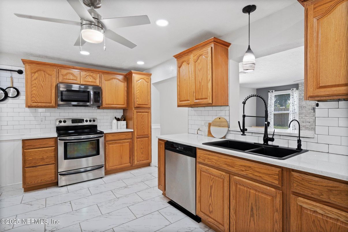 Interior, Kitchen, Marble, Pendant Lights, Recessed Lighting, Stainless Steel Appliances