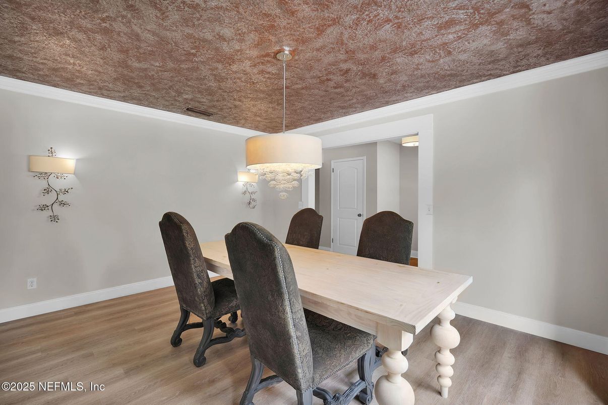 Dining room, Interior, Pendant Lights, Wood Texture Flooring